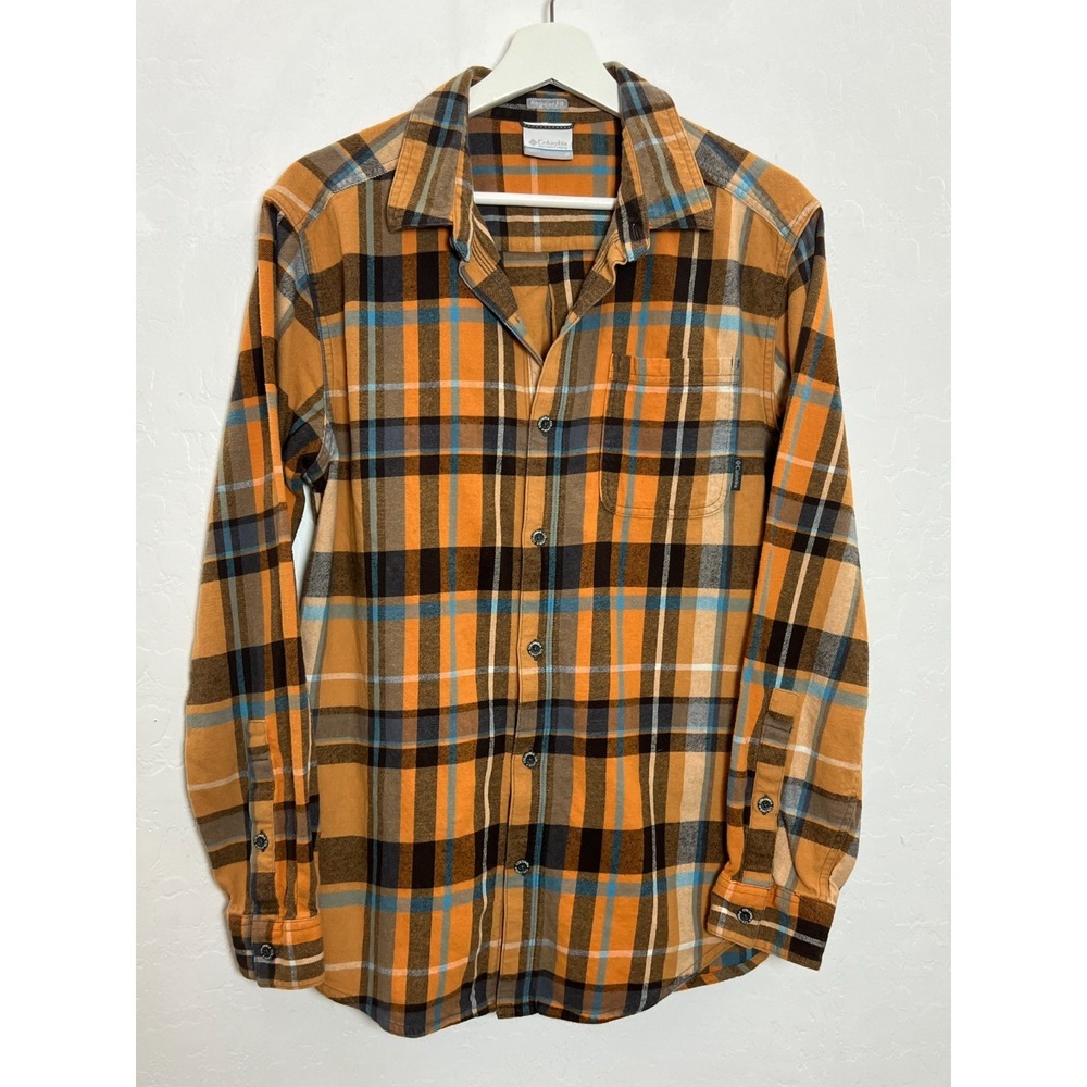 Columbia Plaid shirt men M outdoor hiking work flannel cotton brown gold grunge